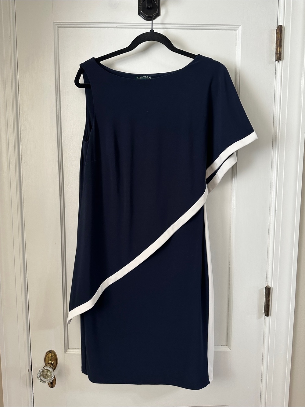 Lauren Ralph Lauren Navy One-Shoulder Dress with White Trim Accent